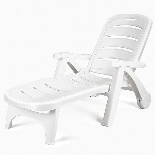 5 Position Adjustable Folding Lounger Chaise Chair on Wheels – Color: White