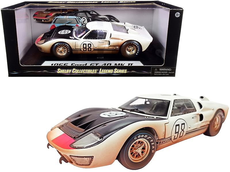 1966 Ford GT-40 MK II #98 White with Black Hood After Race (Dirty Version) 1/18 Diecast Model Car by Shelby Collectibles