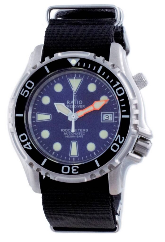Ratio Free Diver Helium Safe Nylon Automatic Diver’s 1066KE20-33VA-BLU-var-NATO4 1000M Men’s Watch
