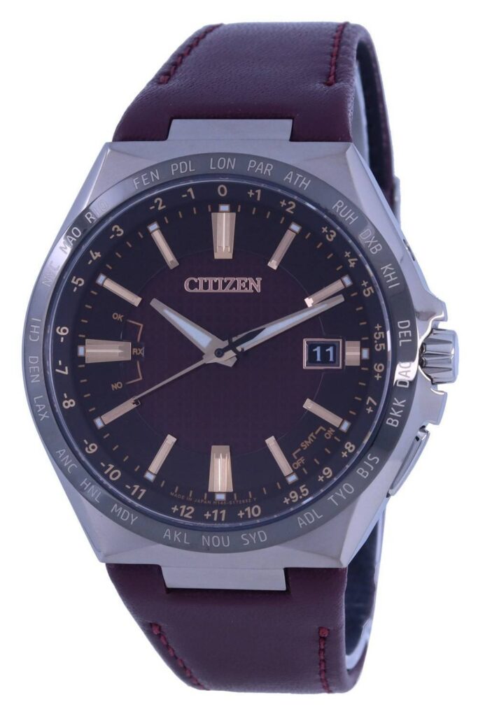 Citizen Attesa World Time Burgundy Dial Leather Strap Eco-Drive CB0216-07W 100M Men’s Watch